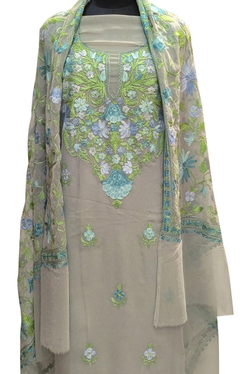 Elegant Grey Kashmiri Aari Work Georgette Three Piece Unstitched Suit Set - Luxurion World
