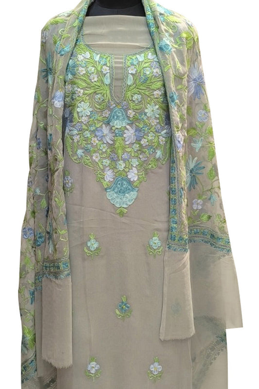 Elegant Grey Kashmiri Aari Work Georgette Three Piece Unstitched Suit Set - Luxurion World