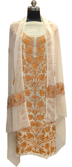 Elegant Off White Kashmiri Aari Work Georgette Three Piece Unstitched Suit Set - Luxurion World