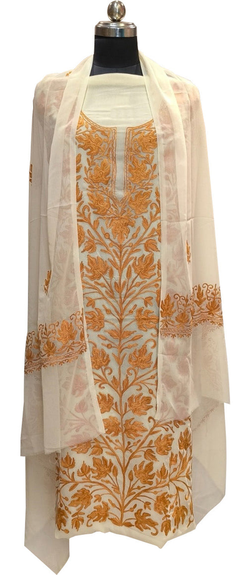 Elegant Off White Kashmiri Aari Work Georgette Three Piece Unstitched Suit Set - Luxurion World