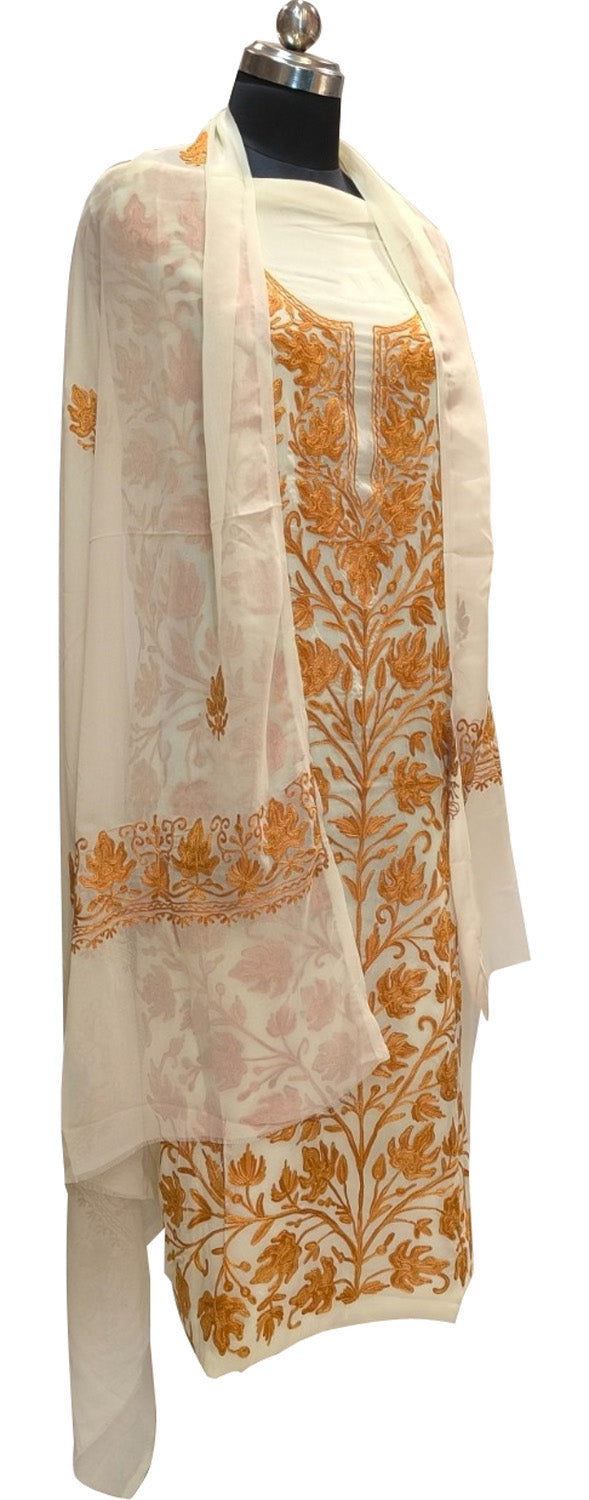 Elegant Off White Kashmiri Aari Work Georgette Three Piece Unstitched Suit Set - Luxurion World