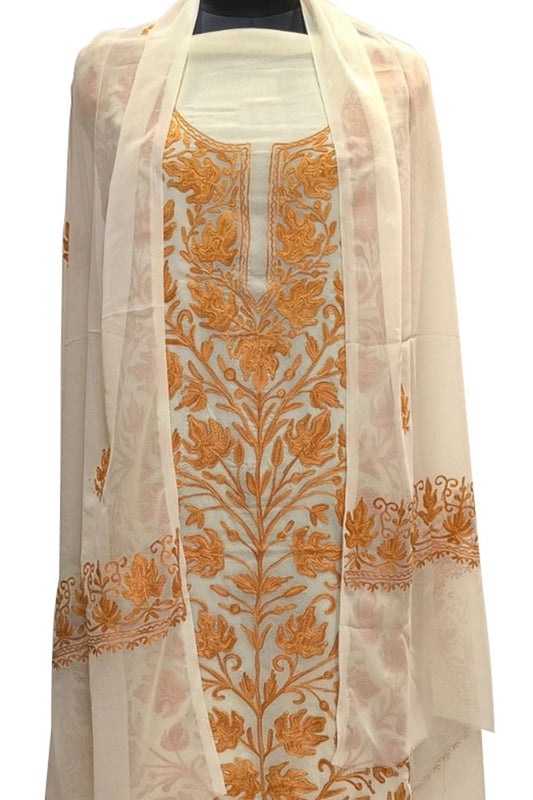 Elegant Off White Kashmiri Aari Work Georgette Three Piece Unstitched Suit Set - Luxurion World