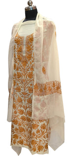 Elegant Off White Kashmiri Aari Work Georgette Three Piece Unstitched Suit Set - Luxurion World