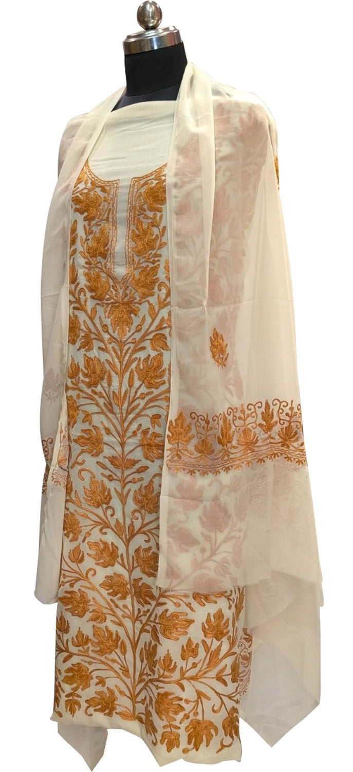 Elegant Off White Kashmiri Aari Work Georgette Three Piece Unstitched Suit Set - Luxurion World