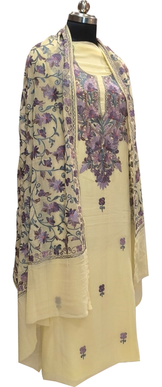 Pastel Kashmiri Aari Work Georgette Three Piece Unstitched Suit Set - Luxurion World