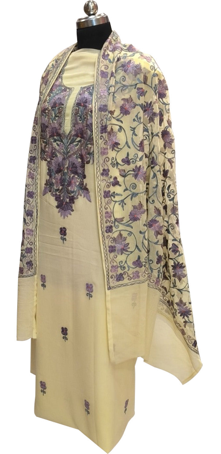 Pastel Kashmiri Aari Work Georgette Three Piece Unstitched Suit Set - Luxurion World