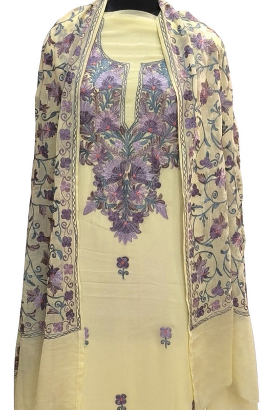 Pastel Kashmiri Aari Work Georgette Three Piece Unstitched Suit Set - Luxurion World