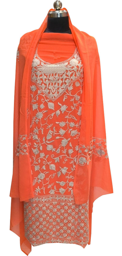 Orange Kashmiri Aari Work Georgette Three Piece Unstitched Suit Set - Luxurion World