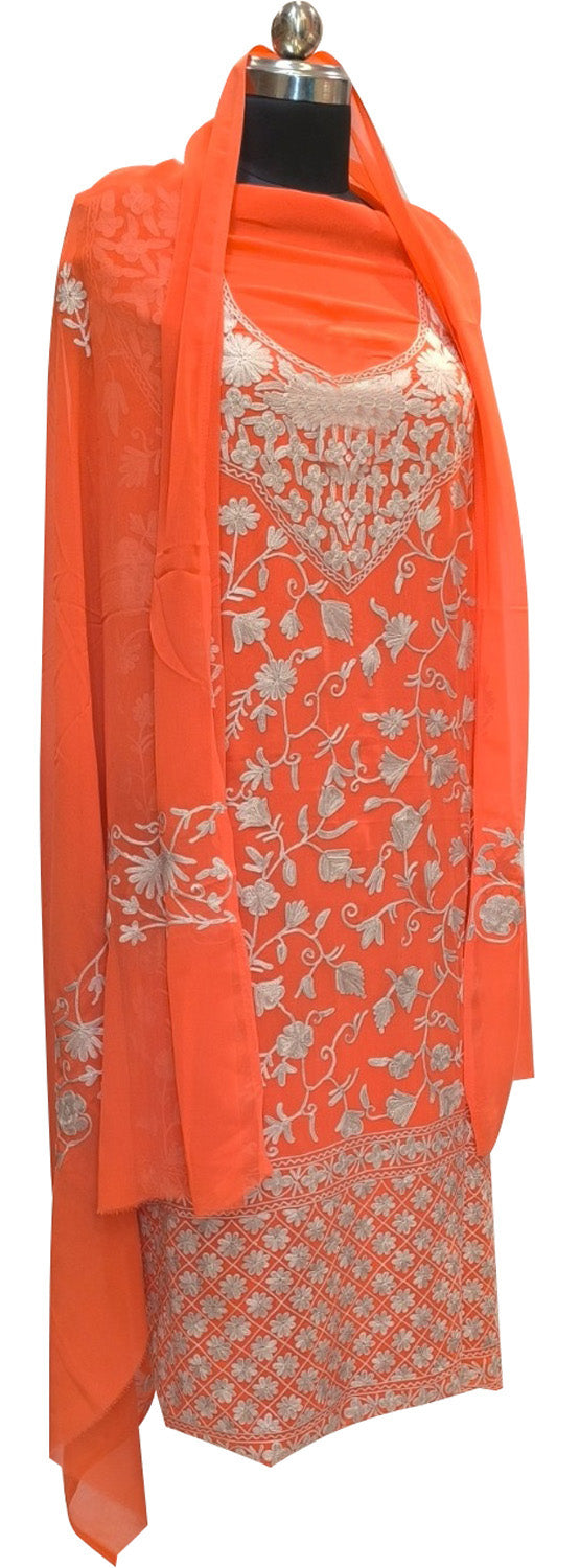 Orange Kashmiri Aari Work Georgette Three Piece Unstitched Suit Set - Luxurion World