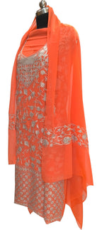 Orange Kashmiri Aari Work Georgette Three Piece Unstitched Suit Set - Luxurion World