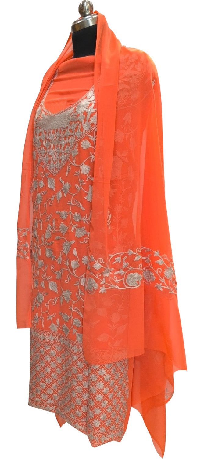 Orange Kashmiri Aari Work Georgette Three Piece Unstitched Suit Set - Luxurion World