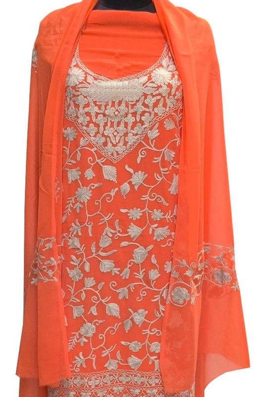 Orange Kashmiri Aari Work Georgette Three Piece Unstitched Suit Set - Luxurion World