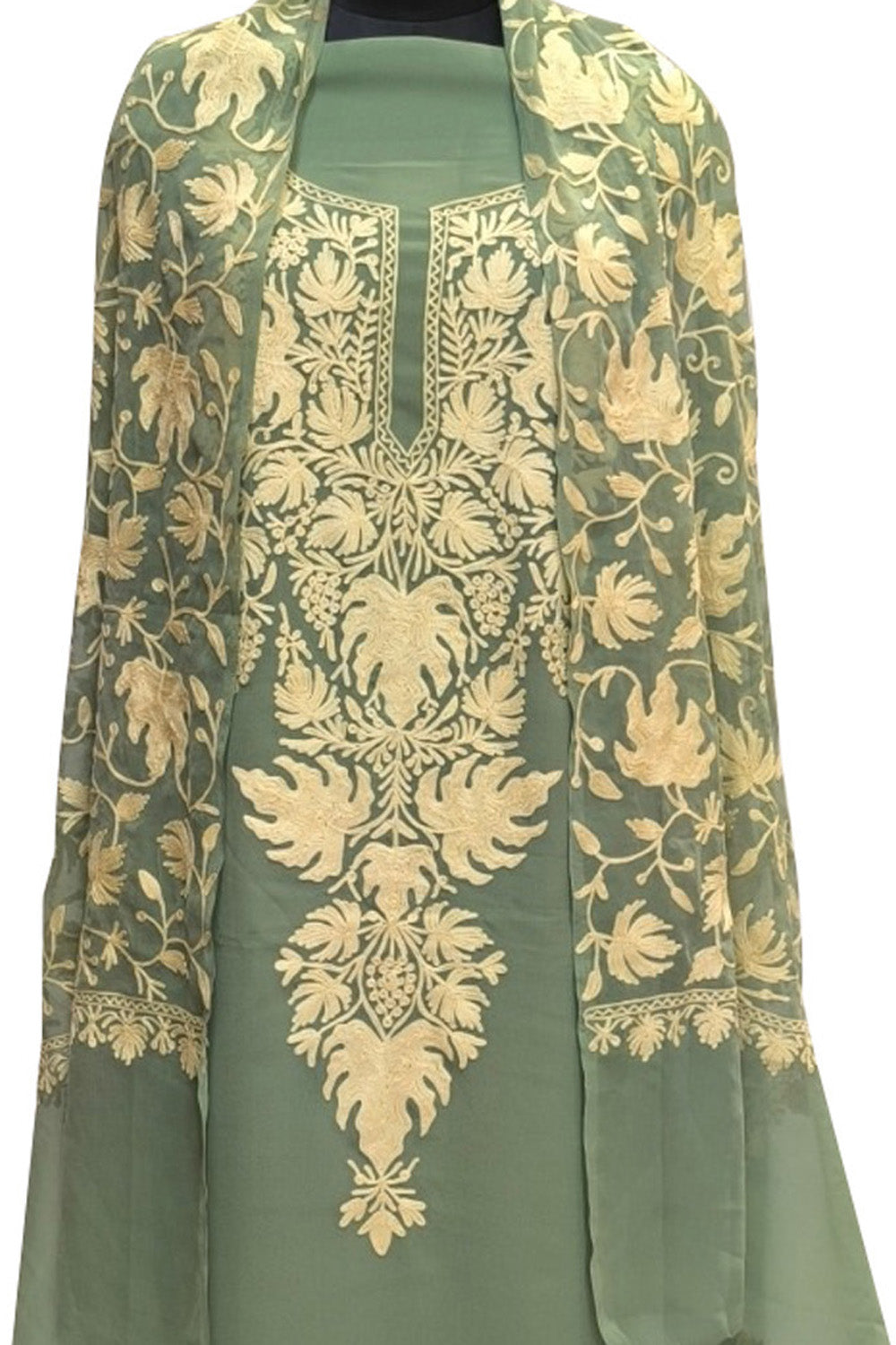 Stunning Green Kashmiri Aari Work Georgette Three Piece Unstitched Suit Set - Luxurion World