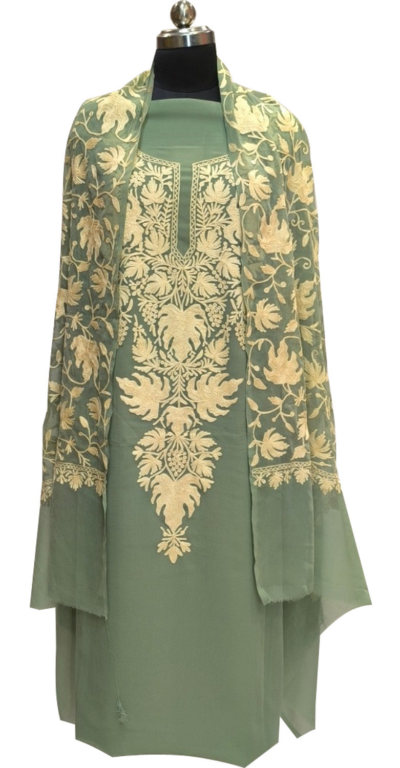 Stunning Green Kashmiri Aari Work Georgette Three Piece Unstitched Suit Set - Luxurion World