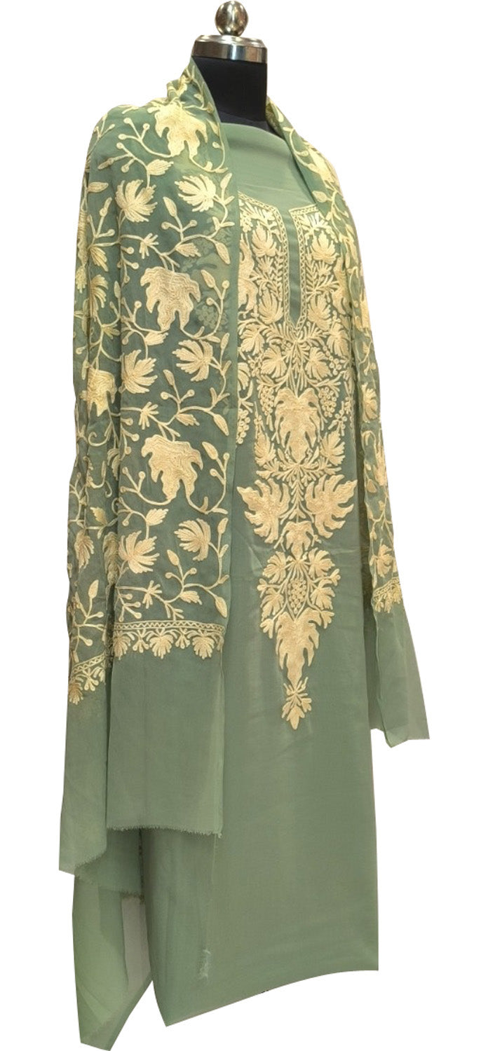 Stunning Green Kashmiri Aari Work Georgette Three Piece Unstitched Suit Set - Luxurion World