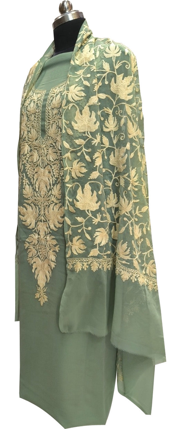 Stunning Green Kashmiri Aari Work Georgette Three Piece Unstitched Suit Set - Luxurion World