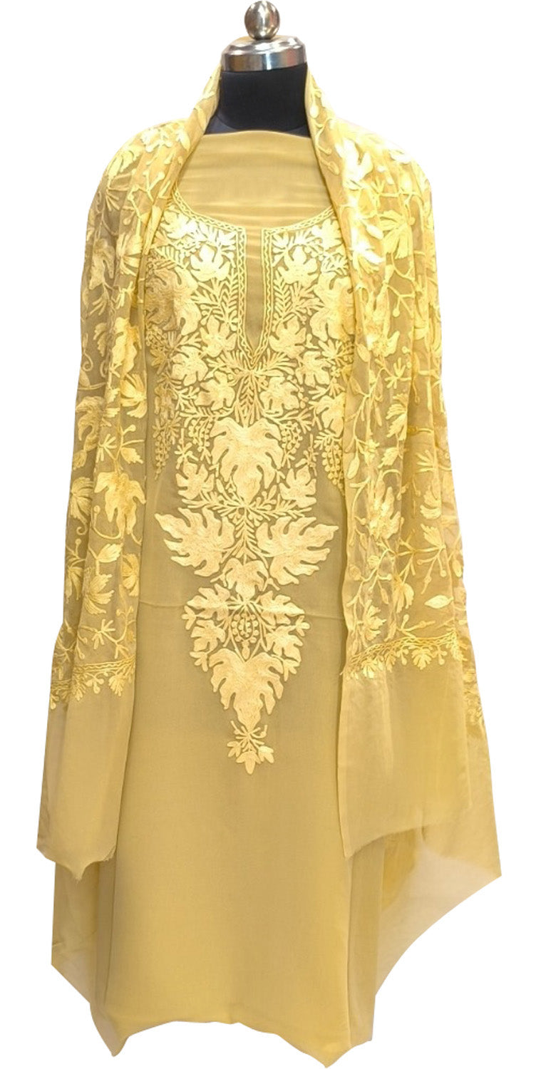 Elegant Pastel Kashmiri Aari Work Georgette Three Piece Unstitched Suit Set - Luxurion World