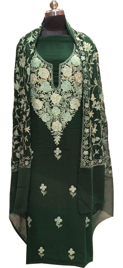 Stunning Green Kashmiri Aari Work Georgette Three Piece Unstitched Suit Set - Luxurion World