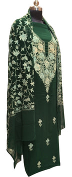 Stunning Green Kashmiri Aari Work Georgette Three Piece Unstitched Suit Set - Luxurion World