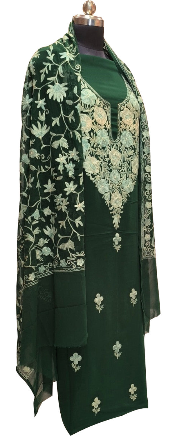 Stunning Green Kashmiri Aari Work Georgette Three Piece Unstitched Suit Set - Luxurion World