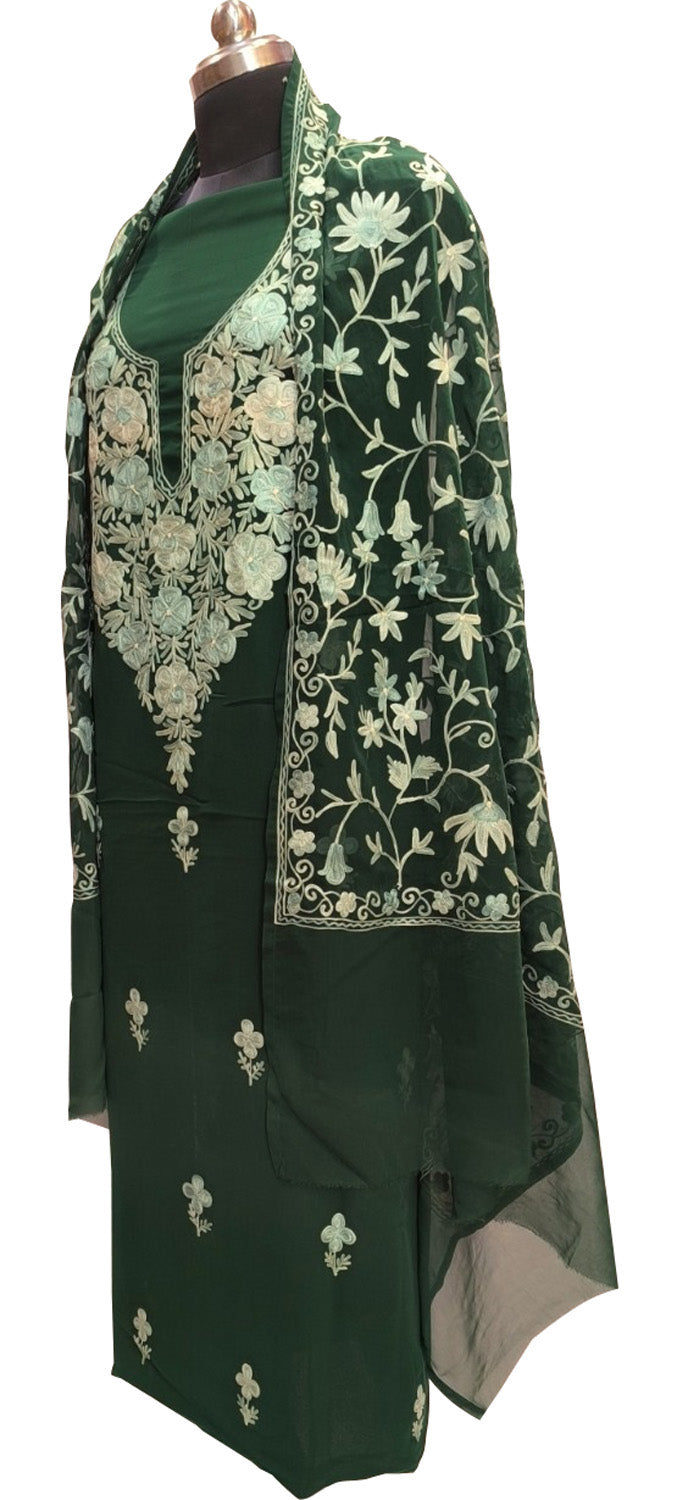 Stunning Green Kashmiri Aari Work Georgette Three Piece Unstitched Suit Set - Luxurion World