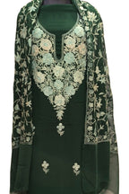 Stunning Green Kashmiri Aari Work Georgette Three Piece Unstitched Suit Set - Luxurion World