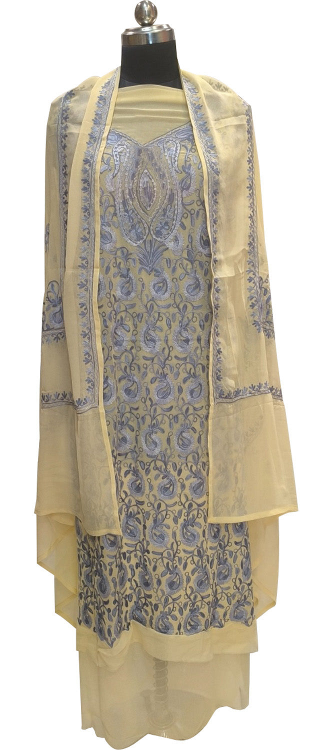 Pastel Kashmiri Aari Work Georgette Three Piece Unstitched Suit Set - Luxurion World