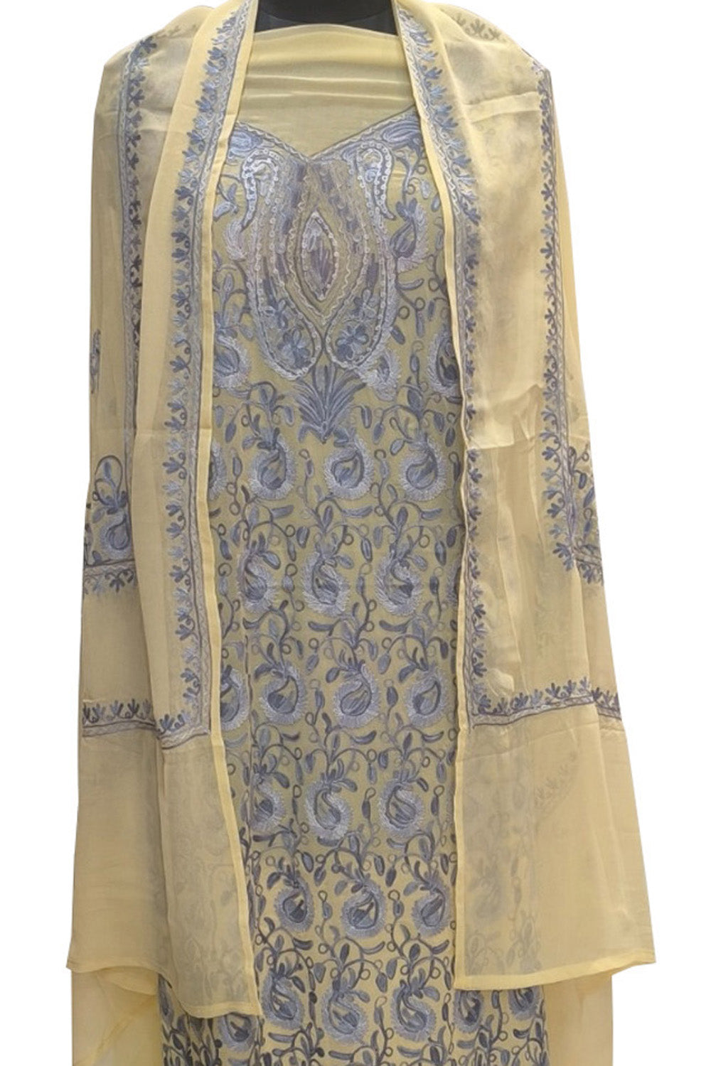 Pastel Kashmiri Aari Work Georgette Three Piece Unstitched Suit Set - Luxurion World