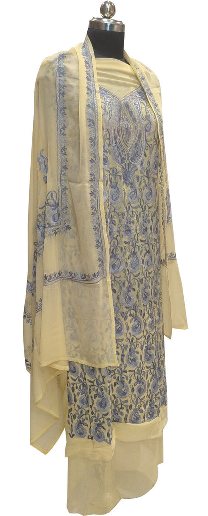 Pastel Kashmiri Aari Work Georgette Three Piece Unstitched Suit Set - Luxurion World