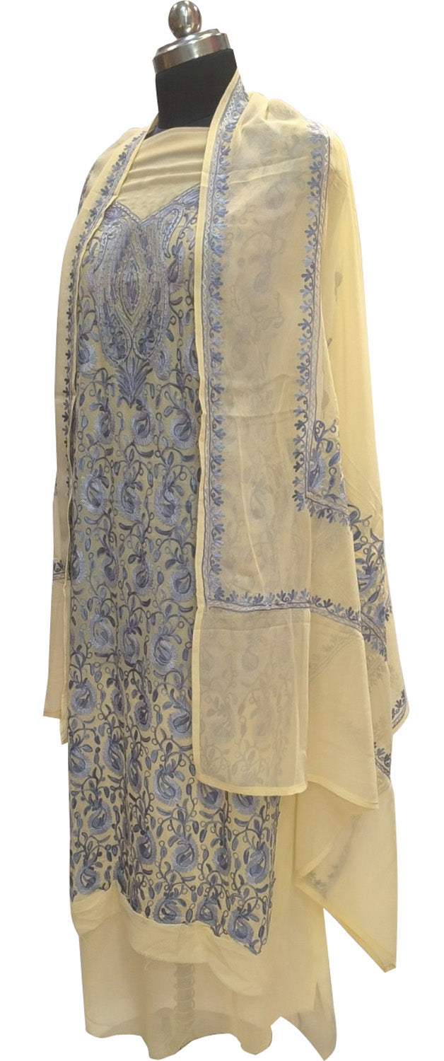 Pastel Kashmiri Aari Work Georgette Three Piece Unstitched Suit Set - Luxurion World