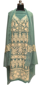 Stunning Green Kashmiri Aari Work Georgette Three Piece Unstitched Suit Set - Luxurion World