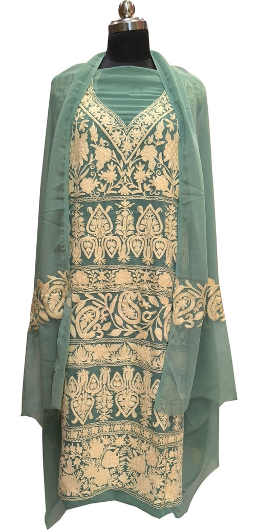 Stunning Green Kashmiri Aari Work Georgette Three Piece Unstitched Suit Set - Luxurion World