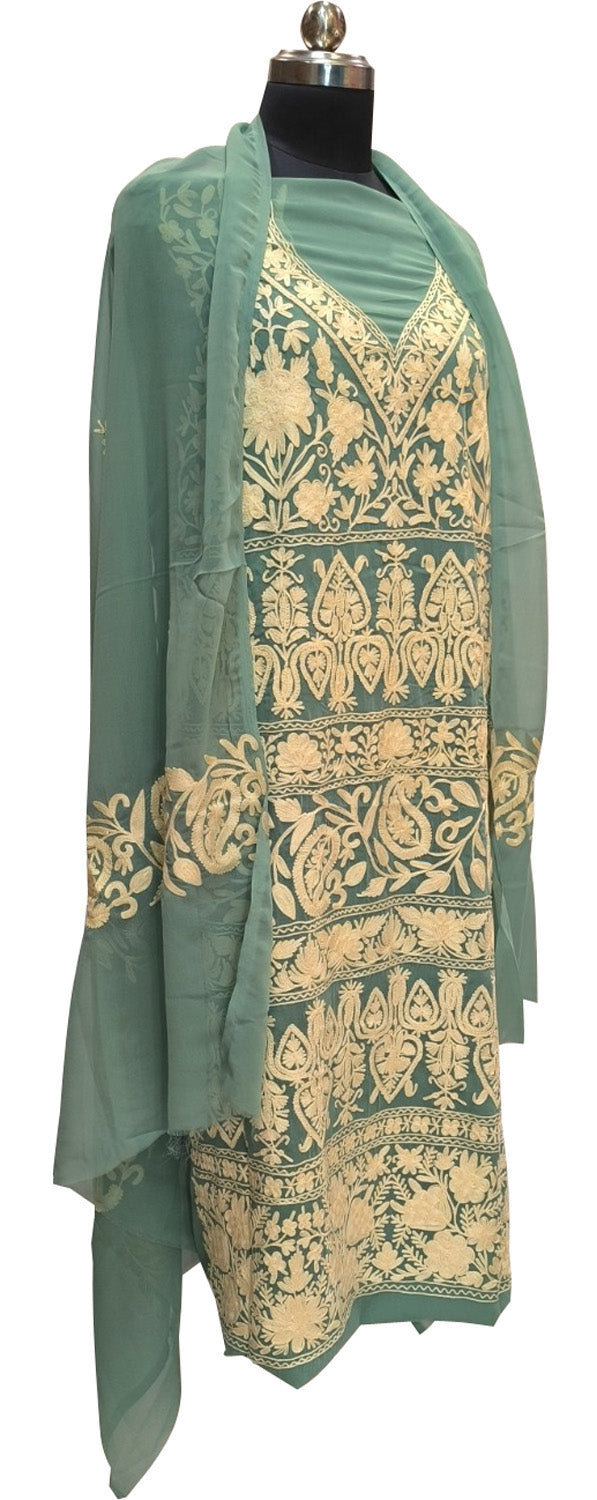 Stunning Green Kashmiri Aari Work Georgette Three Piece Unstitched Suit Set - Luxurion World