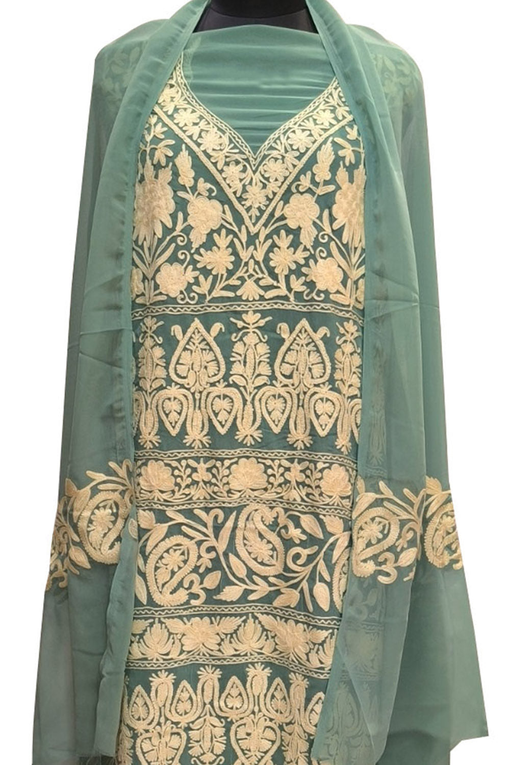 Stunning Green Kashmiri Aari Work Georgette Three Piece Unstitched Suit Set - Luxurion World