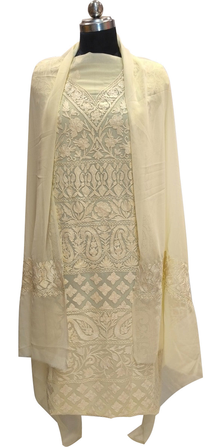 Pastel Kashmiri Aari Work Georgette Three Piece Unstitched Suit Set - Luxurion World