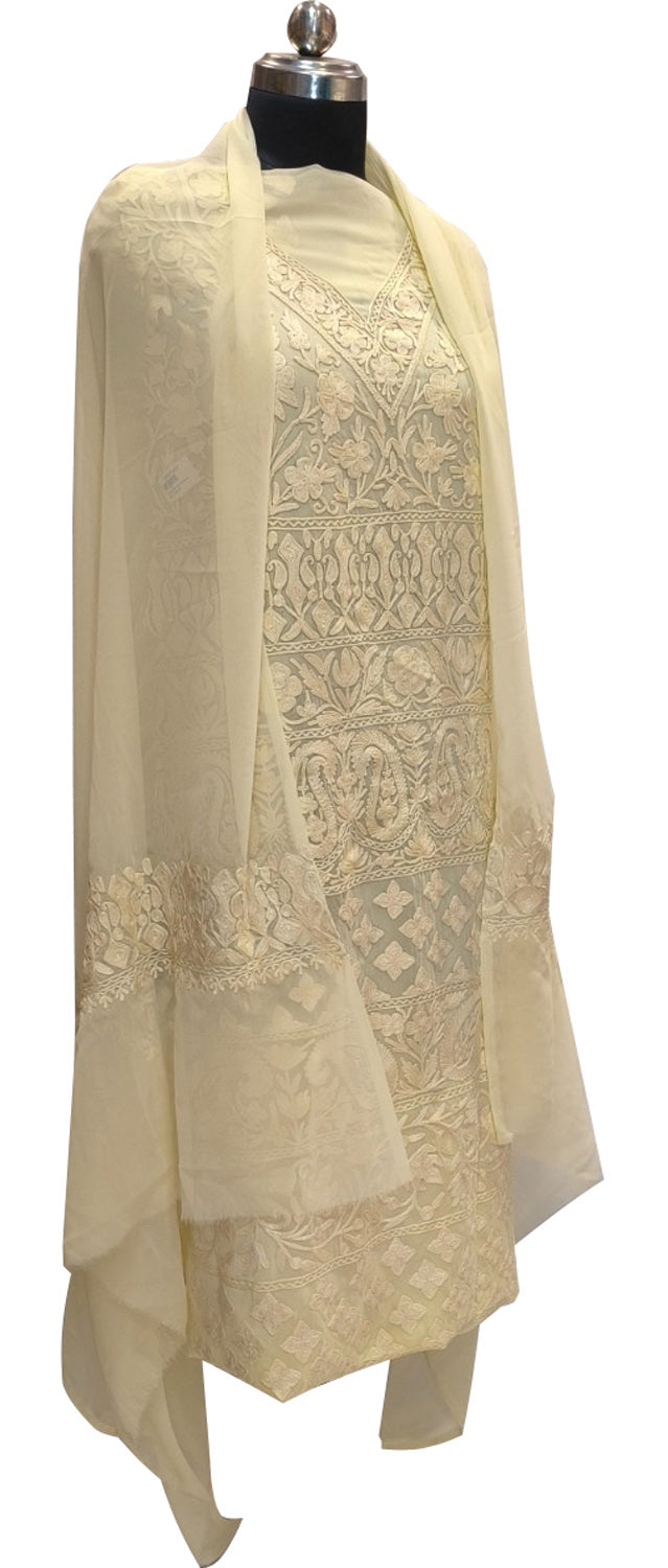 Pastel Kashmiri Aari Work Georgette Three Piece Unstitched Suit Set - Luxurion World