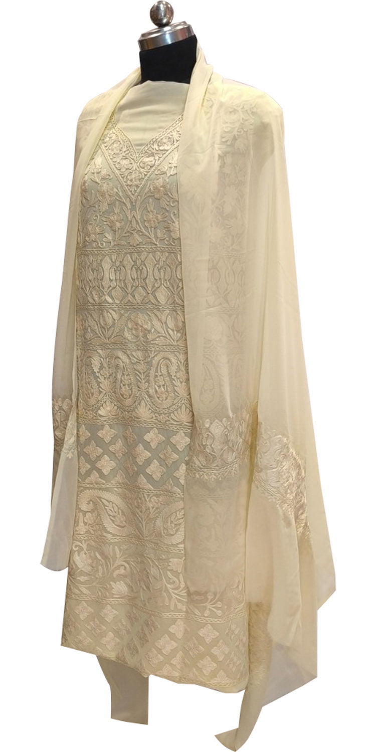 Pastel Kashmiri Aari Work Georgette Three Piece Unstitched Suit Set - Luxurion World