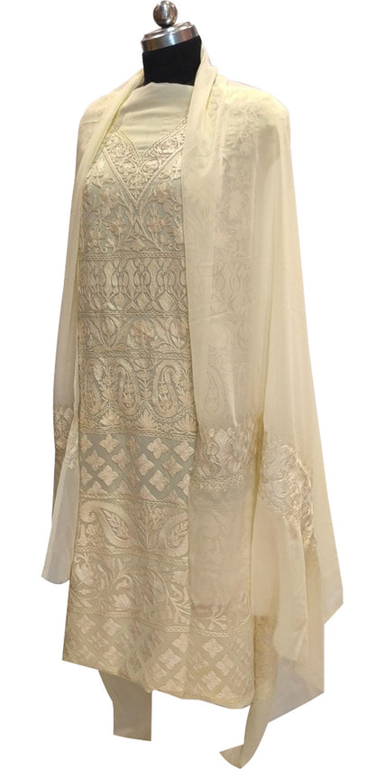 Pastel Kashmiri Aari Work Georgette Three Piece Unstitched Suit Set - Luxurion World