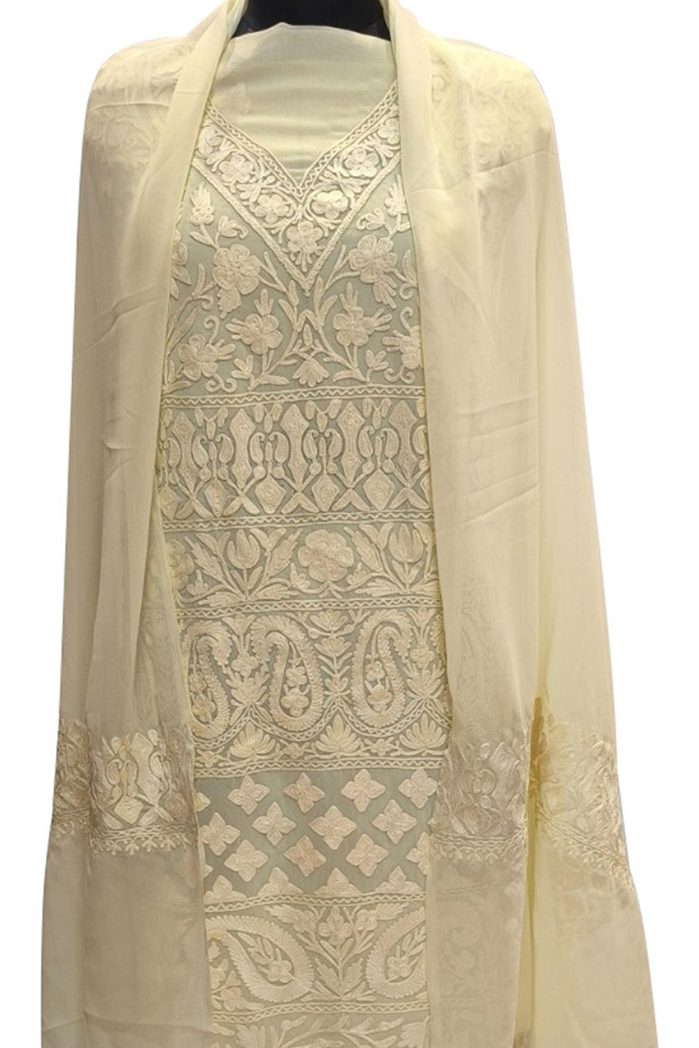 Pastel Kashmiri Aari Work Georgette Three Piece Unstitched Suit Set - Luxurion World