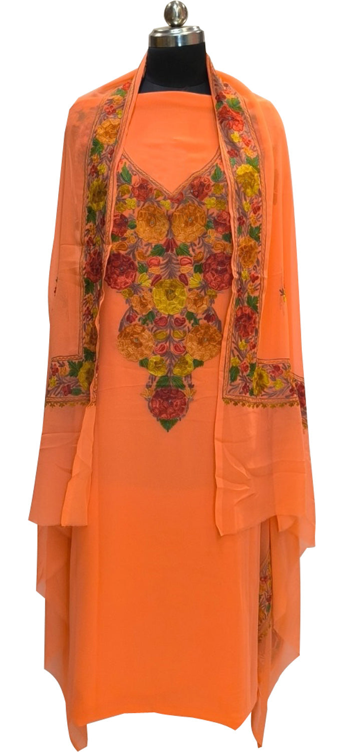 Elegant Orange Kashmiri Aari Work Georgette Three Piece Unstitched Suit Set - Luxurion World