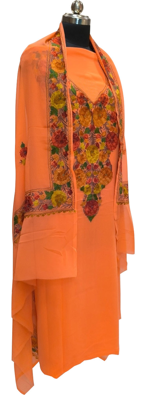 Elegant Orange Kashmiri Aari Work Georgette Three Piece Unstitched Suit Set - Luxurion World
