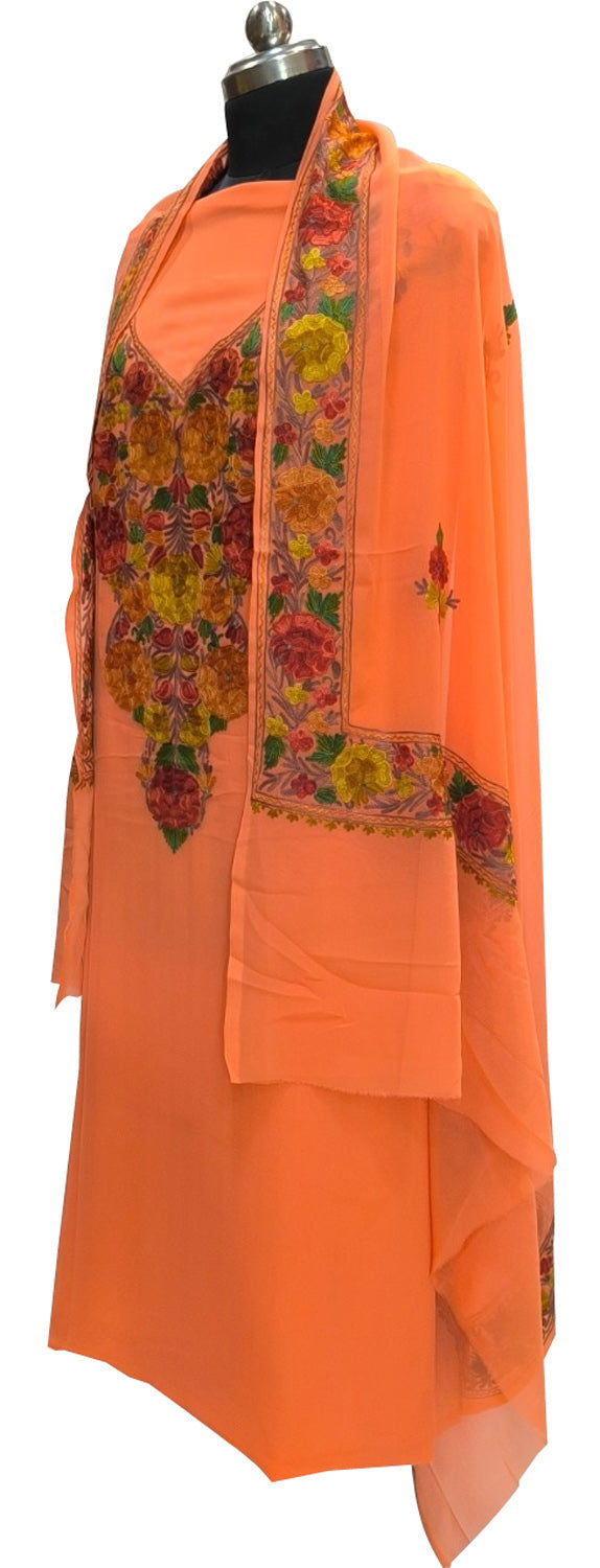 Elegant Orange Kashmiri Aari Work Georgette Three Piece Unstitched Suit Set - Luxurion World