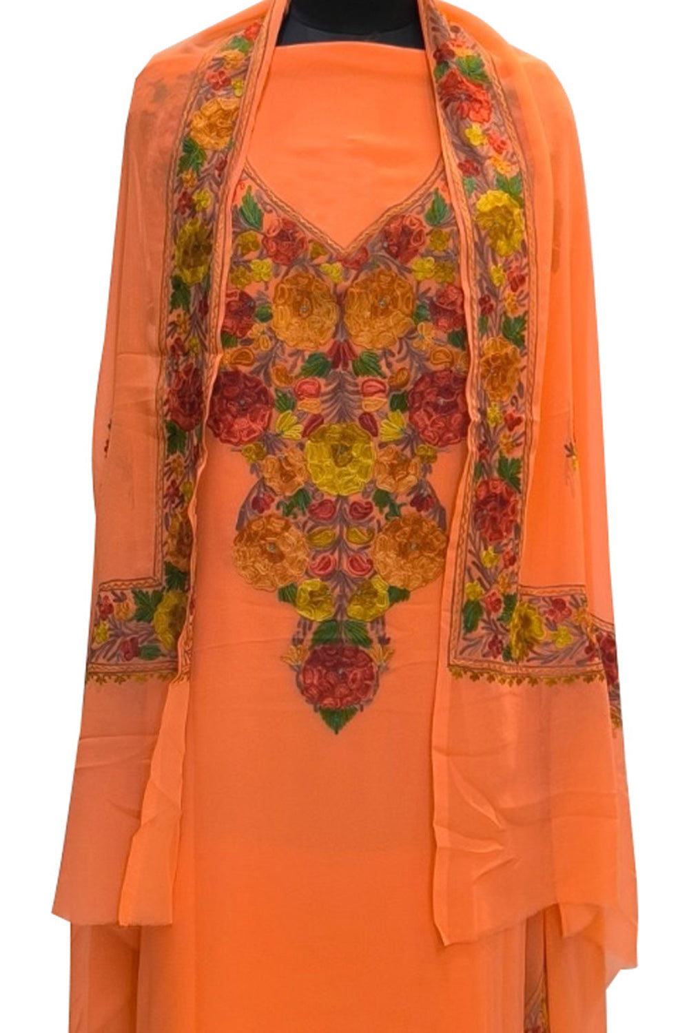 Elegant Orange Kashmiri Aari Work Georgette Three Piece Unstitched Suit Set - Luxurion World