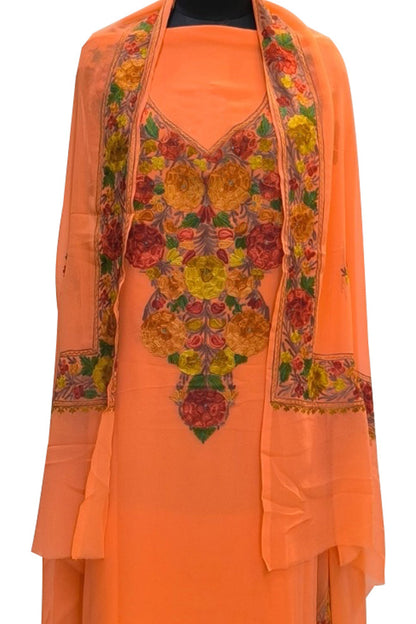 Elegant Orange Kashmiri Aari Work Georgette Three Piece Unstitched Suit Set - Luxurion World