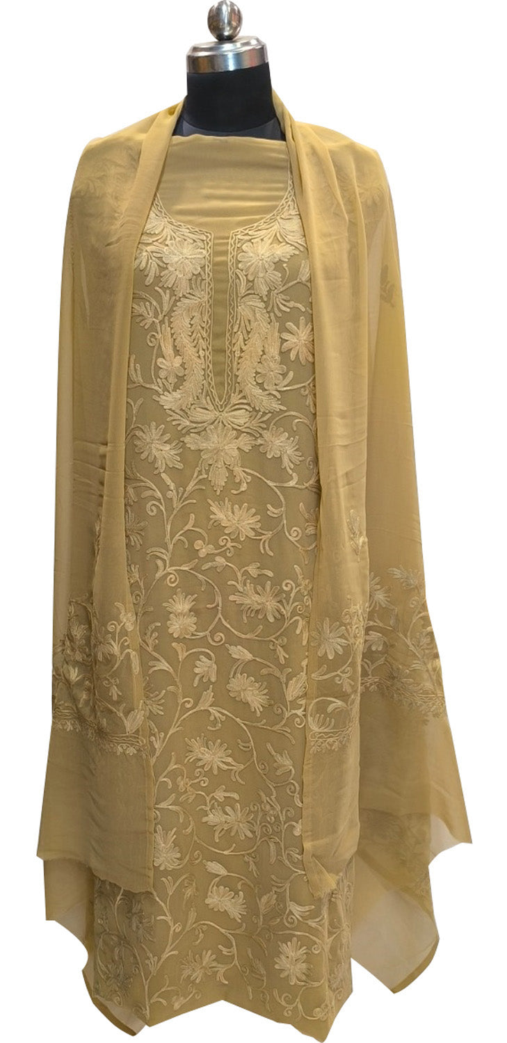 Pastel Kashmiri Aari Work Georgette Three Piece Unstitched Suit Set - Luxurion World