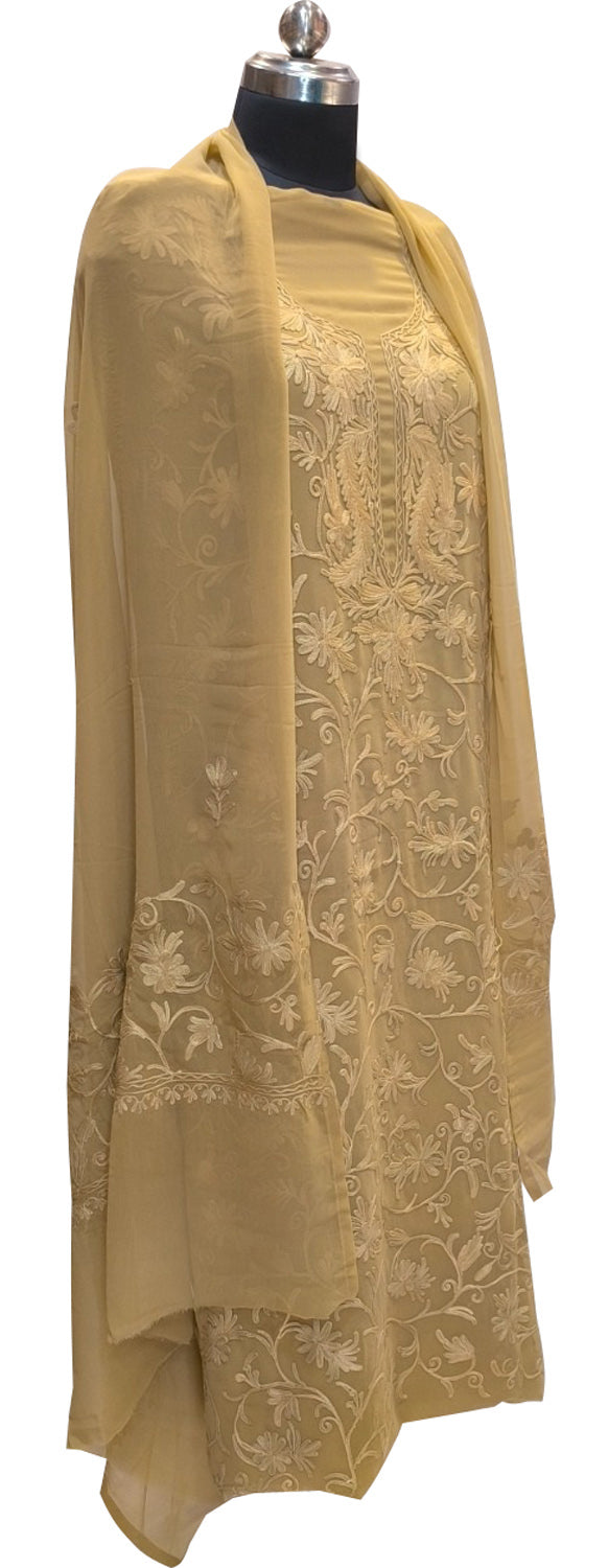 Pastel Kashmiri Aari Work Georgette Three Piece Unstitched Suit Set - Luxurion World