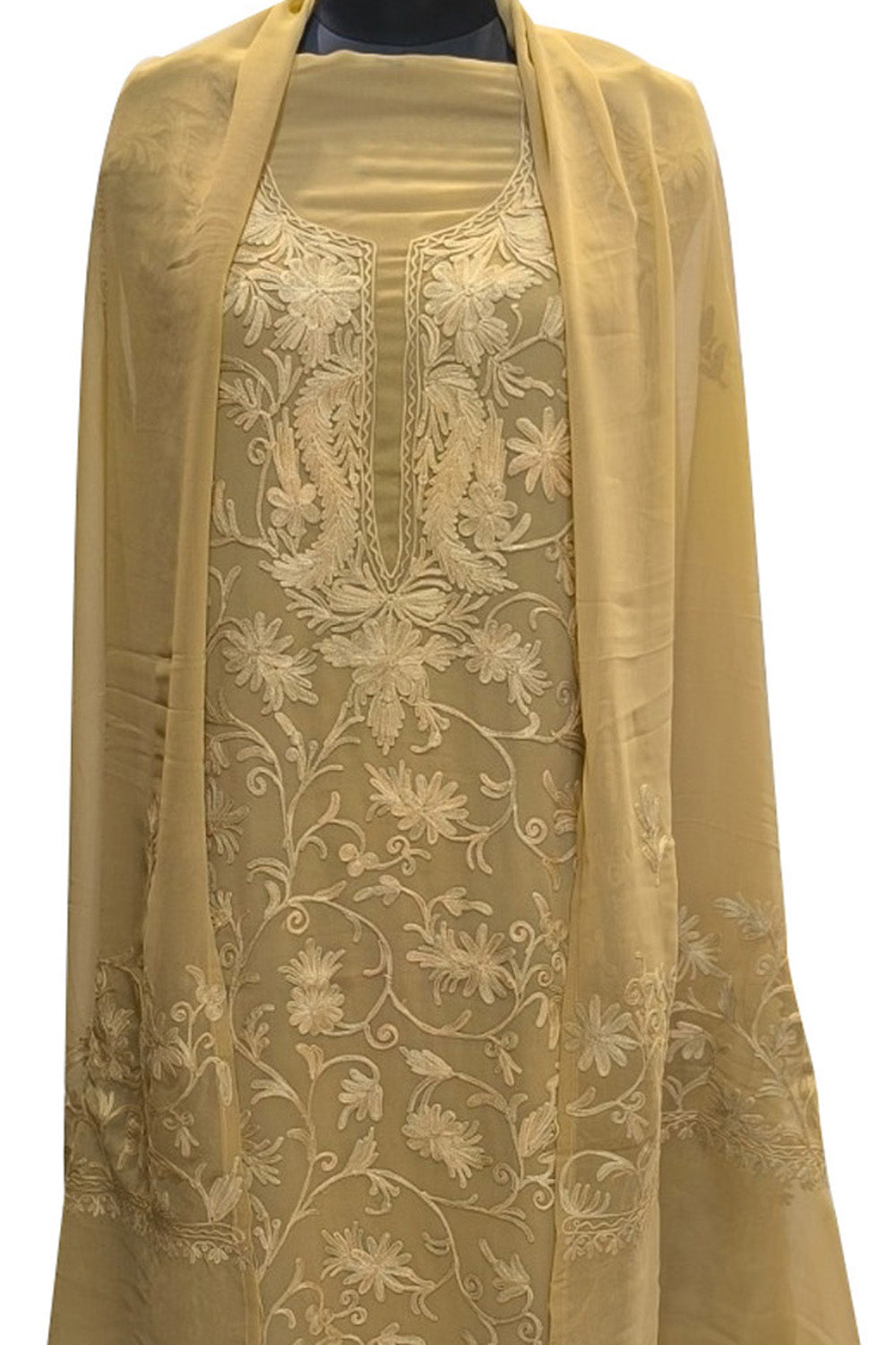 Pastel Kashmiri Aari Work Georgette Three Piece Unstitched Suit Set - Luxurion World