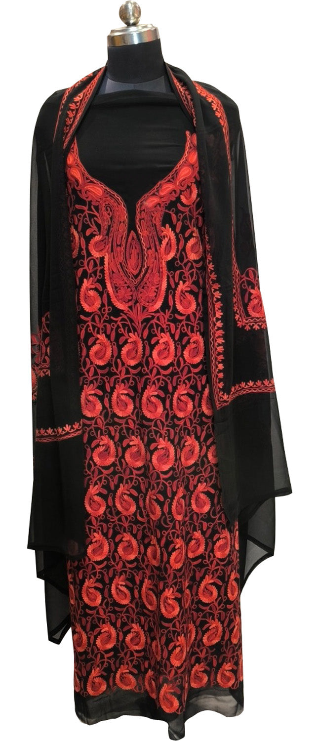 Elegant Black Kashmiri Aari Work Georgette Three Piece Unstitched Suit Set - Luxurion World