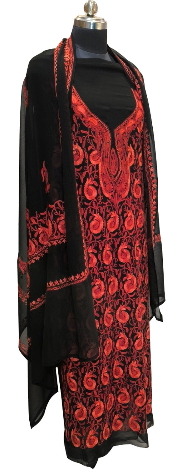 Elegant Black Kashmiri Aari Work Georgette Three Piece Unstitched Suit Set - Luxurion World