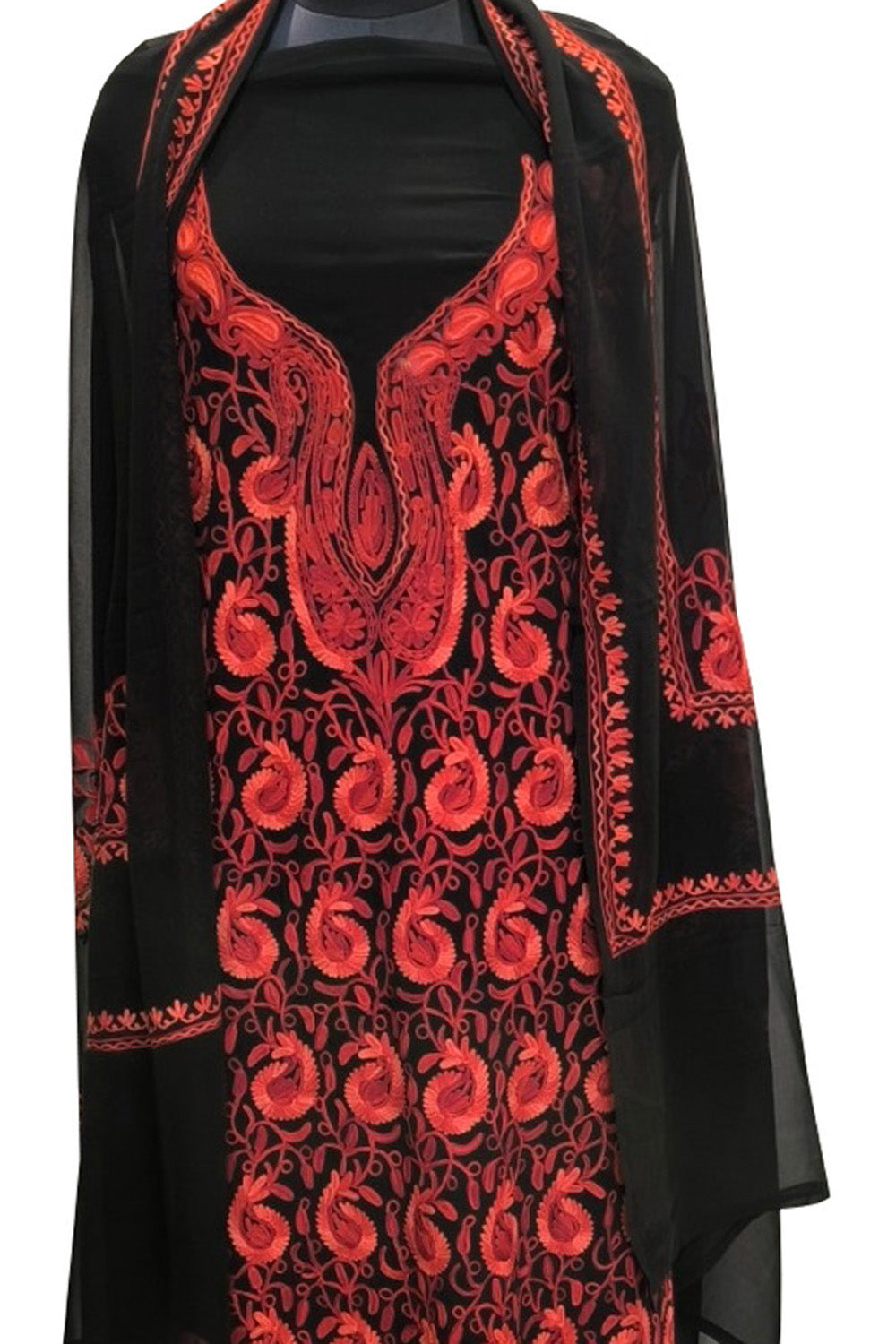 Elegant Black Kashmiri Aari Work Georgette Three Piece Unstitched Suit Set - Luxurion World